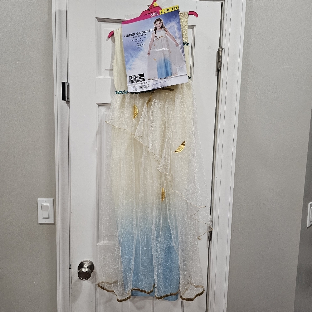 New Girls Greek Goddess Halloween Costume Size Large 10-12 Dress & Headpiece